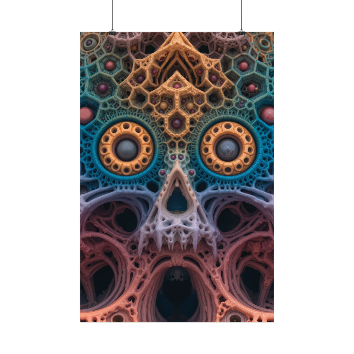 The Cathedral of Becoming — Satin Art Poster, 24 × 36 in — intricate lattice skull in teal, rose and gold