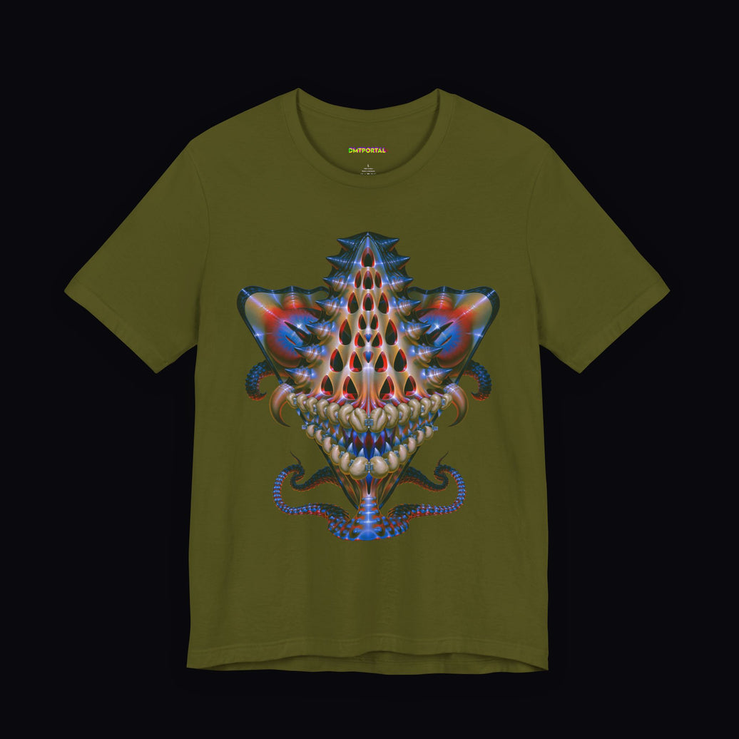 Open alien crown with blue and rose highlights on an Olive DMTPORTAL T-shirt
