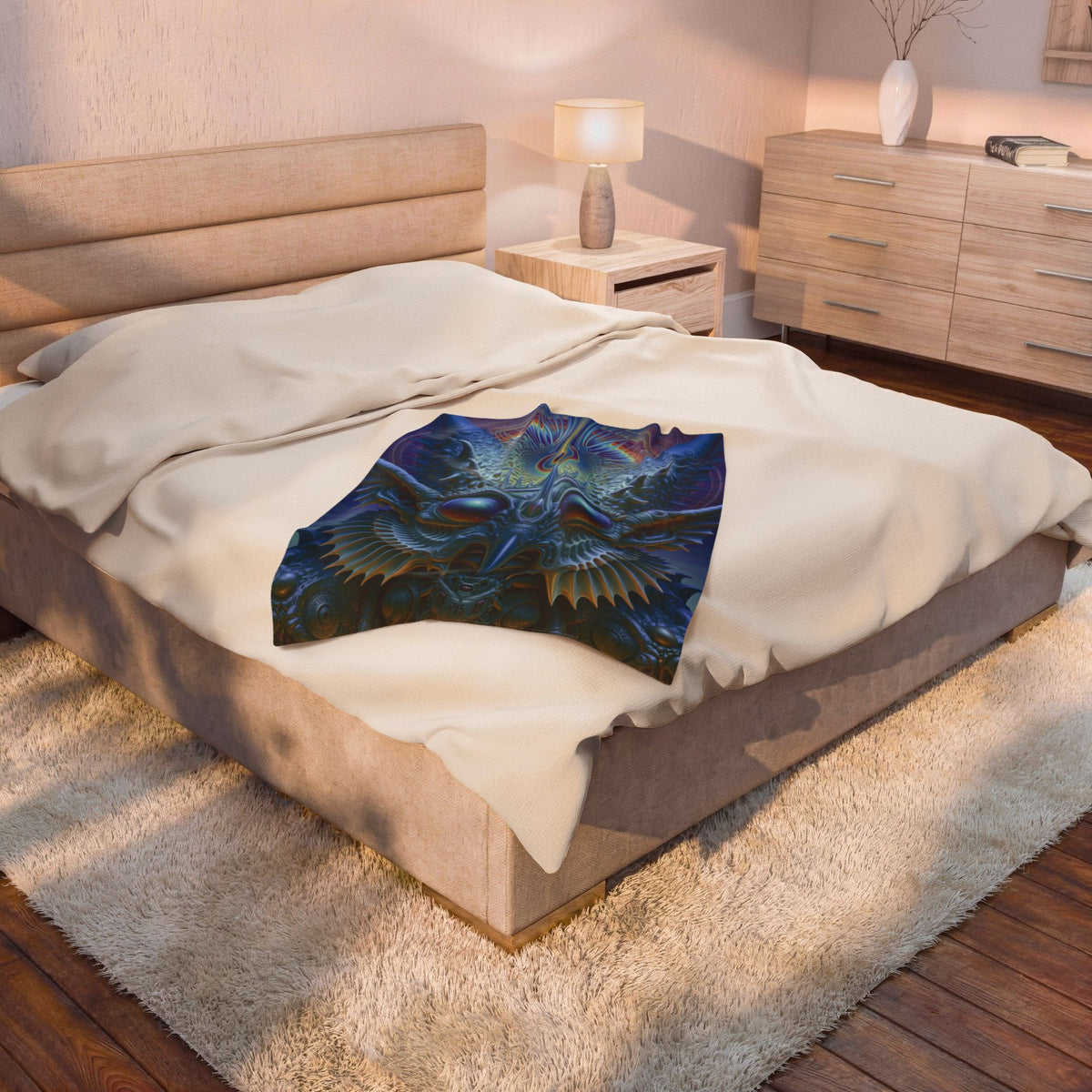 The Threshold That Refines — Velveteen Plush Blanket, 30 × 40 in — a symmetrical blue guardian with reflective eyes, pointed horns and intricate geometry