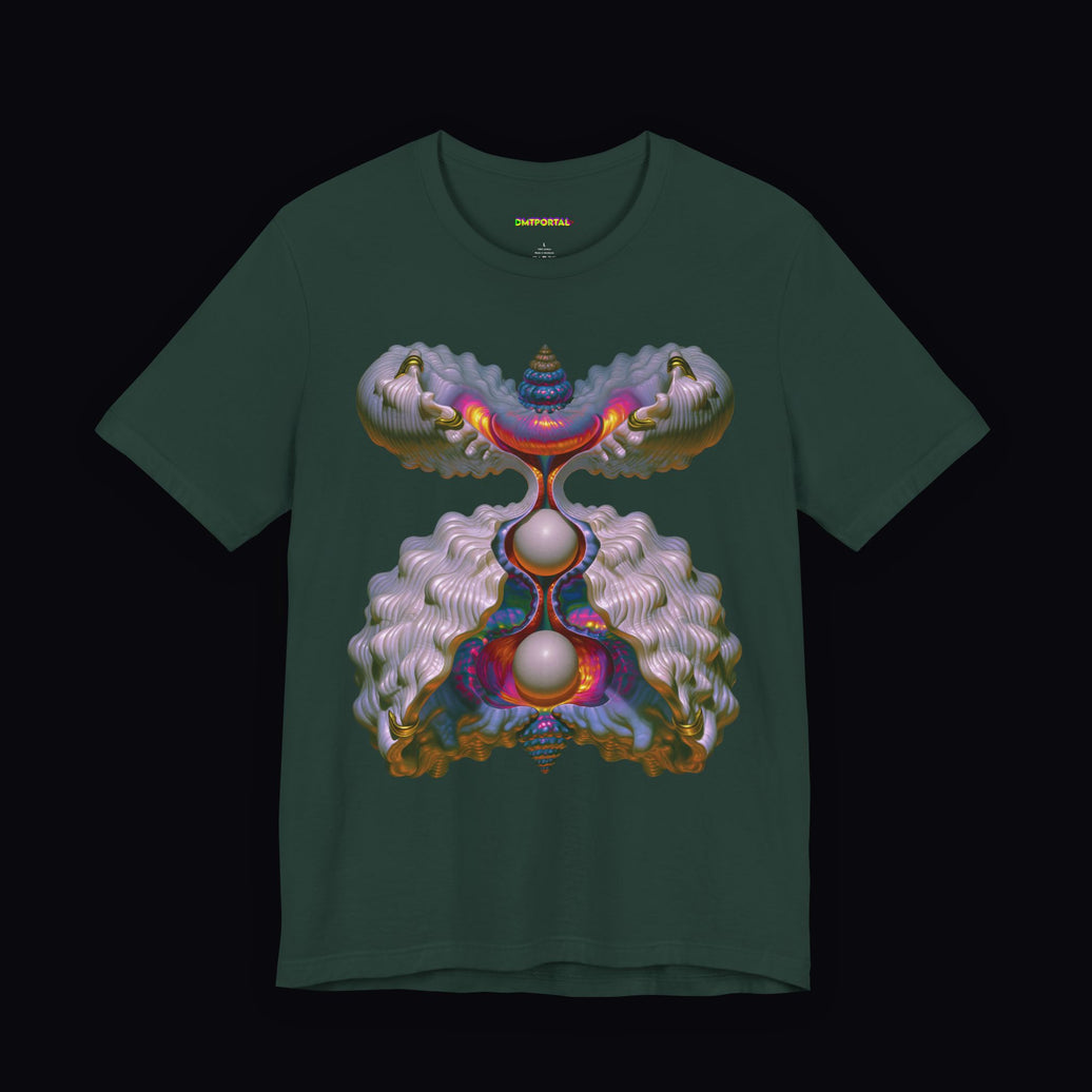 Symmetrical rippling vessel holding two pale spheres on a Forest DMTPORTAL T-shirt