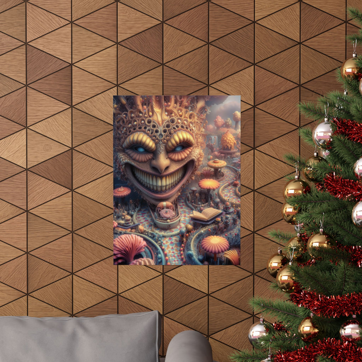 The Invitation Beneath the Grin — Matte Art Poster, 18 × 24 in — ornate grinning face above winding mosaic paths and coral garden forms