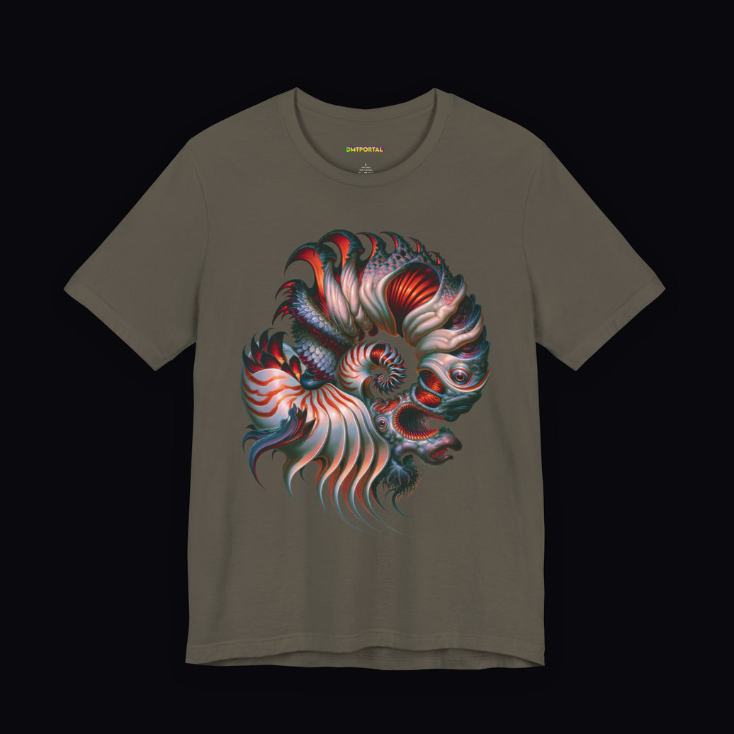Spiraling creature with pale fins and orange-red interiors on an Army DMTPORTAL T-shirt