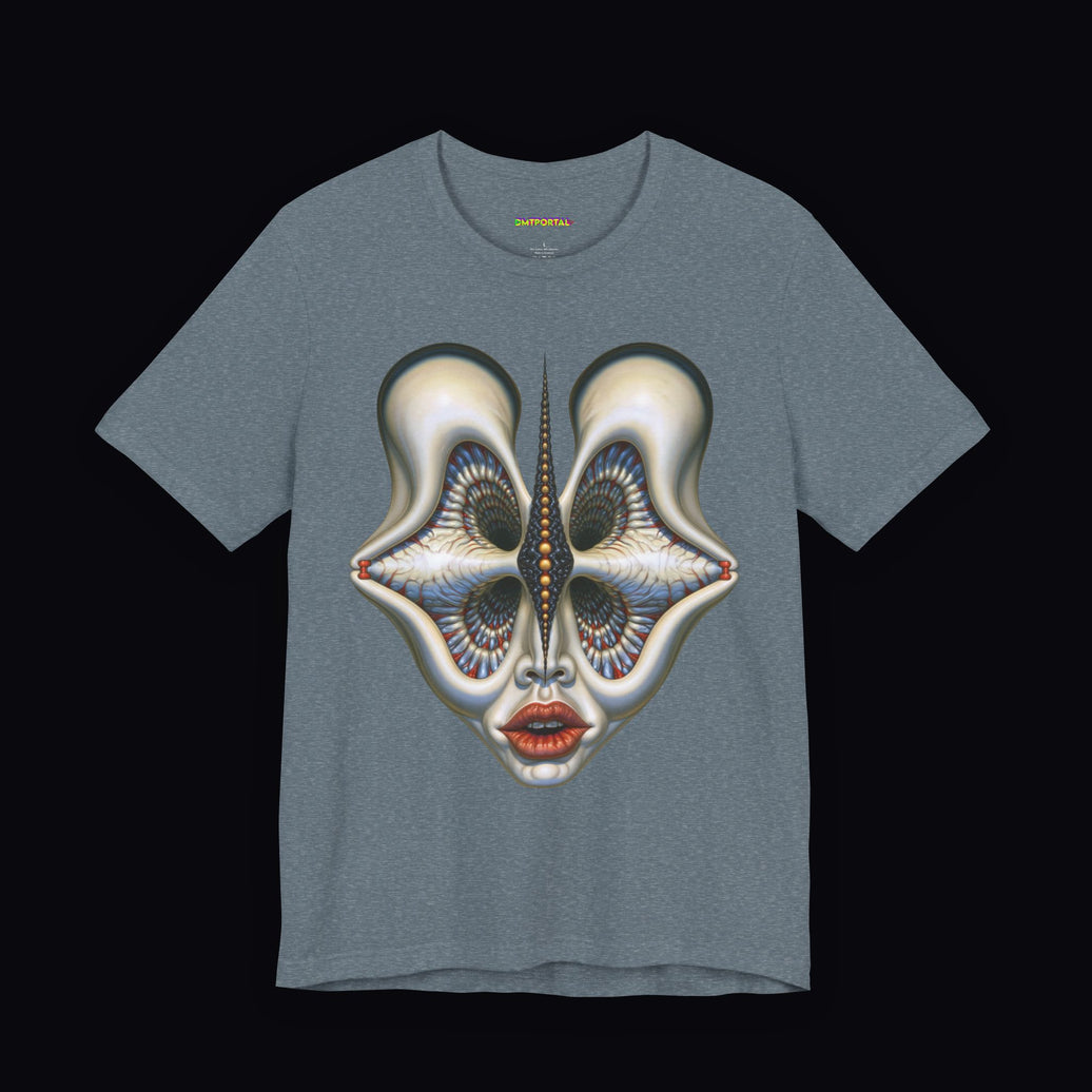 Pale sculptural face with dark recessed eyes and red lips on a Heather Slate DMTPORTAL T-shirt