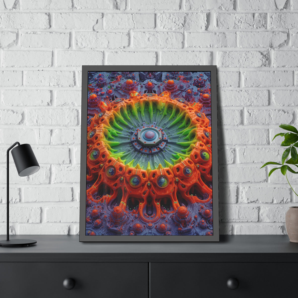The Center Is a Choreography — Framed Fine Art Print, 24 × 32 in — orange and lime radial machinery with a violet core