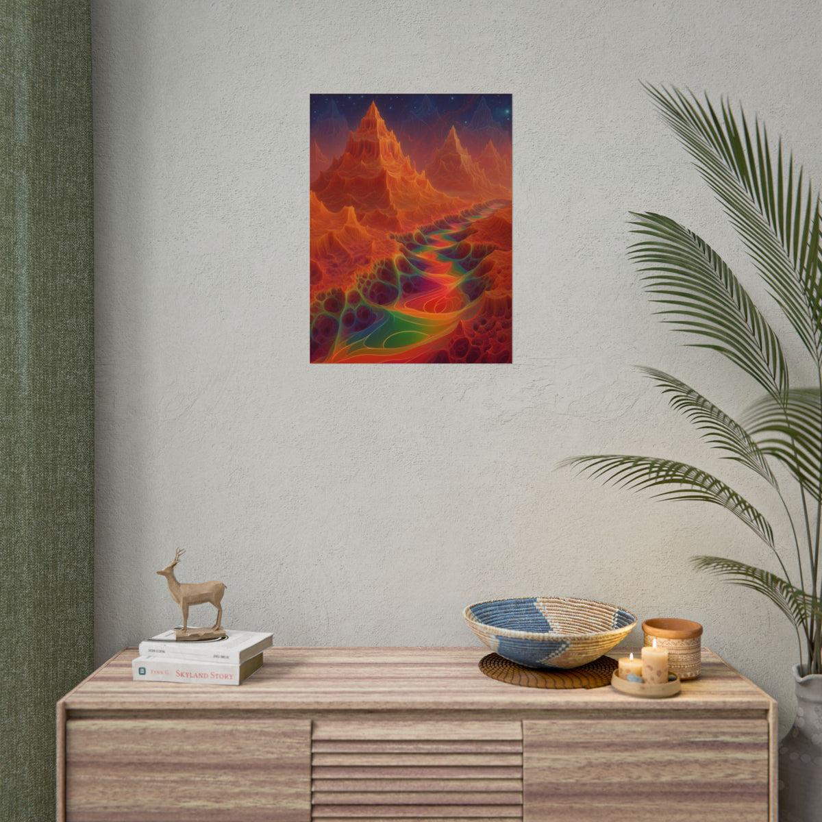 The Current Remembers rolled art print, 18 × 24 in with a luminous winding current and orange mountains beneath a starry sky
