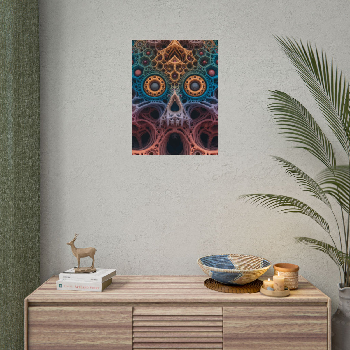The Cathedral of Becoming — Rolled Art Print, 18 × 24 in — intricate lattice skull in teal, rose and gold