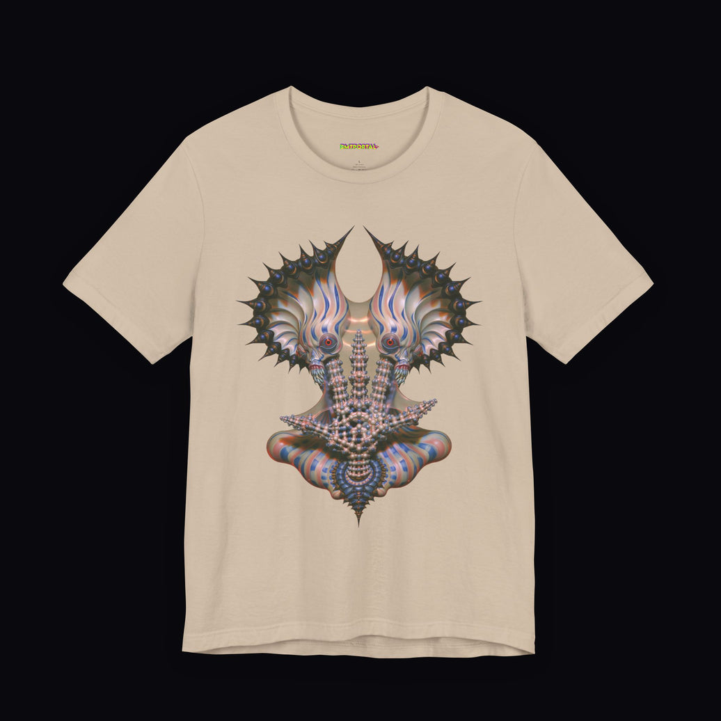 Mirrored ornamental forms connected by a pale lattice on a Tan DMTPORTAL T-shirt