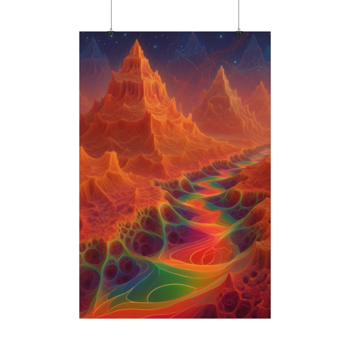 The Current Remembers satin art poster, 24 × 36 in with a luminous winding current and orange mountains beneath a starry sky