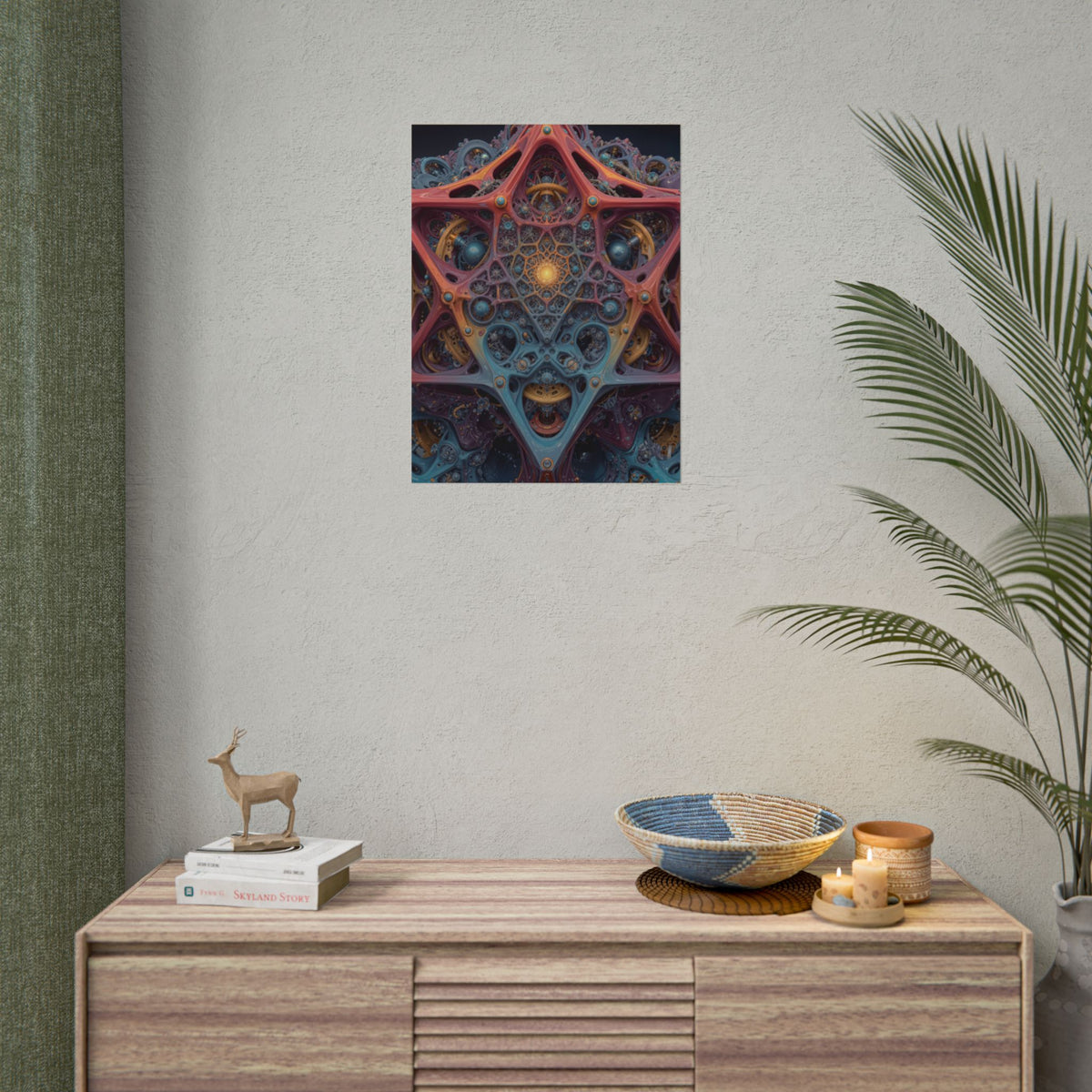 The Geometry of Surrender — Rolled Art Print, 18 × 24 in — interlocking coral and blue forms around a golden center