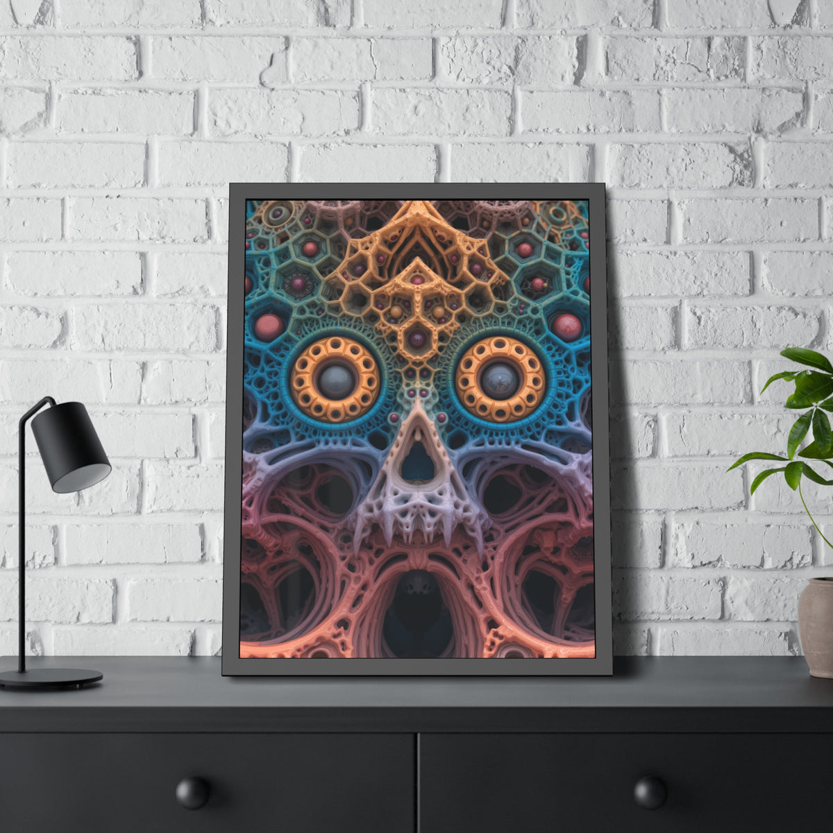 The Cathedral of Becoming — Framed Fine Art Print, 24 × 32 in — intricate lattice skull in teal, rose and gold
