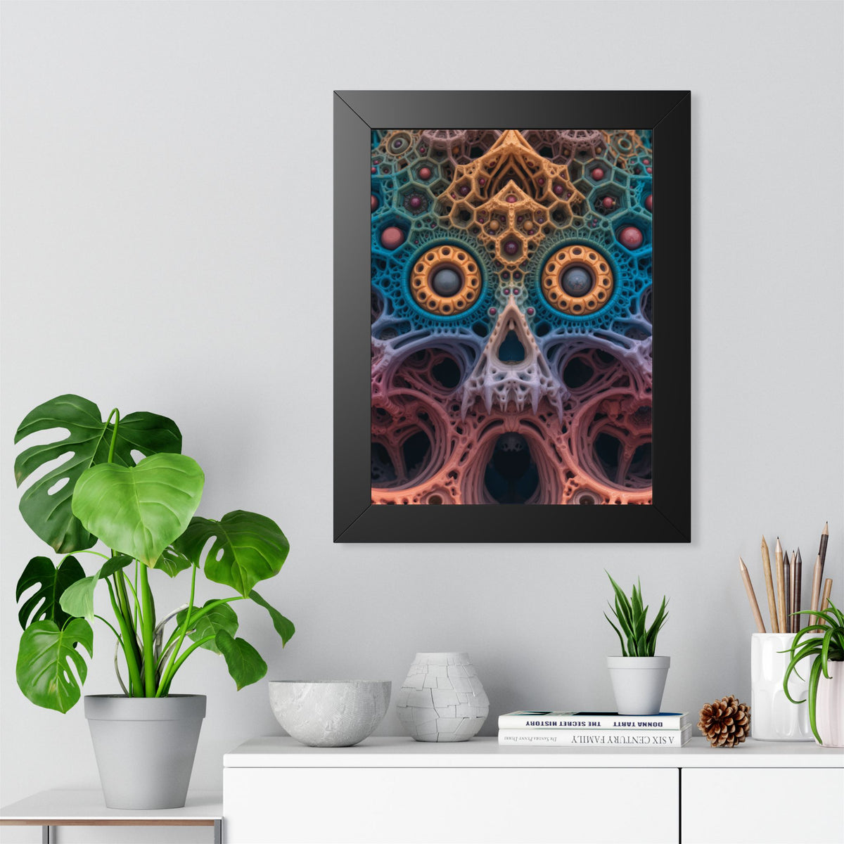 The Cathedral of Becoming — Black Framed Print, 12 × 16 in — intricate lattice skull in teal, rose and gold