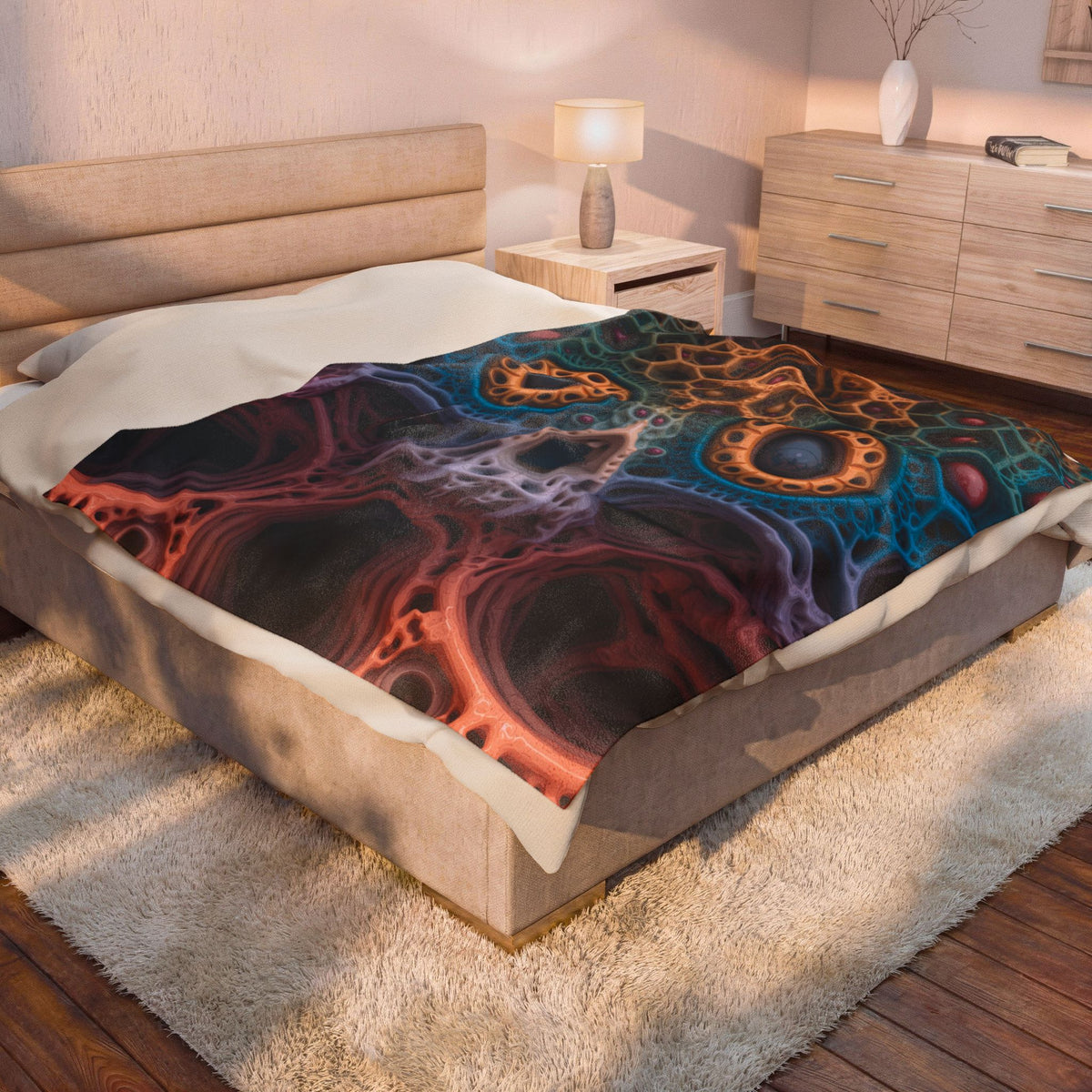 The Cathedral of Becoming — Velveteen Plush Blanket, 60 × 80 in — intricate lattice skull in teal, rose and gold