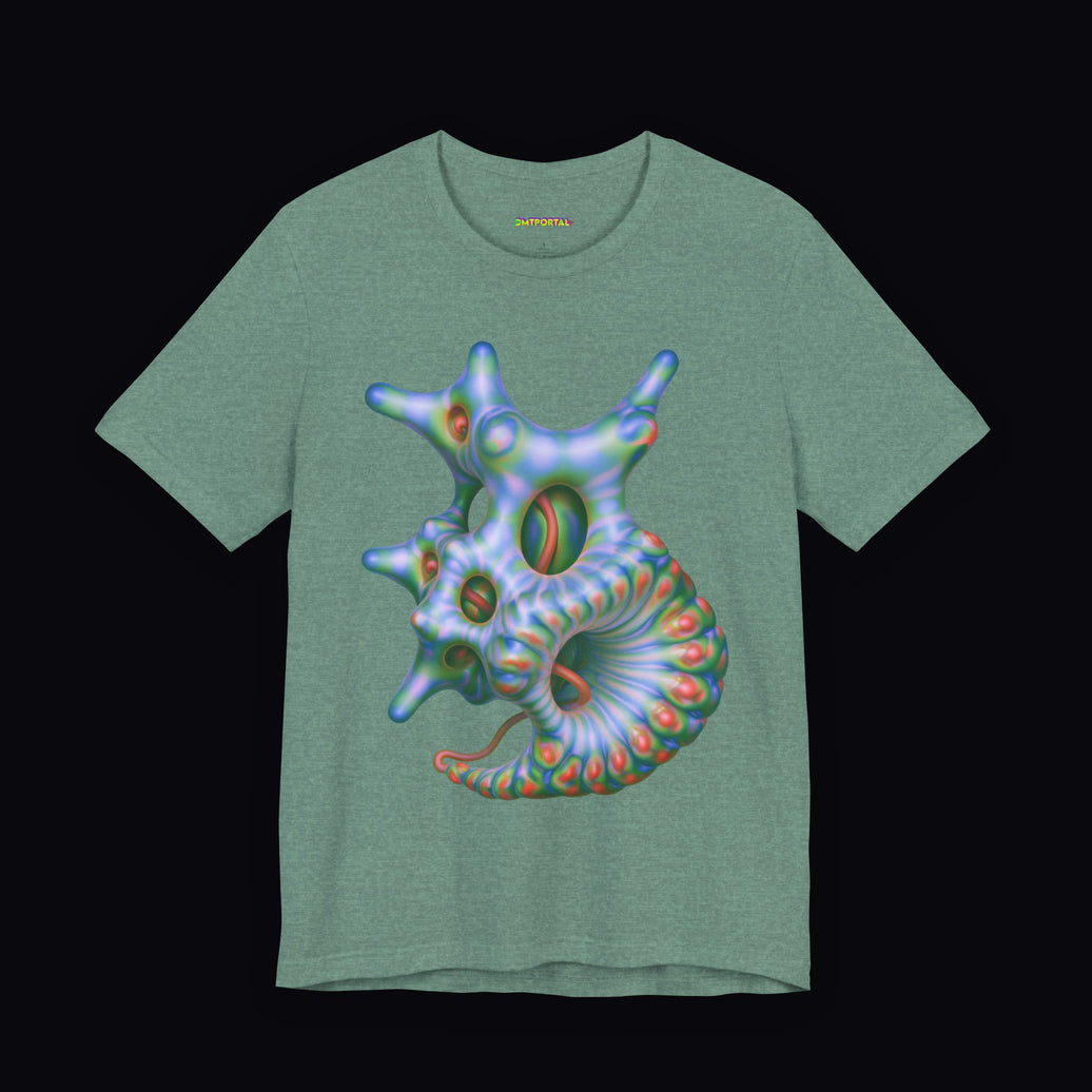 Pale blue-green coiling alien form with warm oval details on a Heather Dusty Blue DMTPORTAL T-shirt