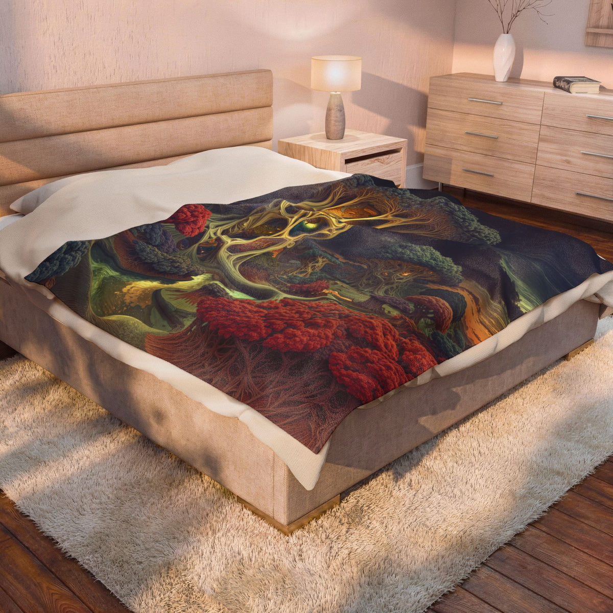 The Quiet Architecture of Becoming — Velveteen Plush Blanket, 60 × 80 in — luminous lattice trees and coral groves beside a winding river