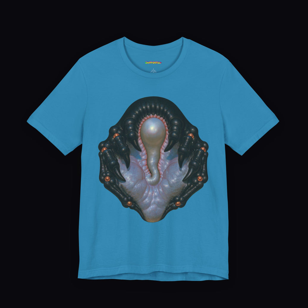 Pale luminous form inside a dark protective chamber on an Aqua DMTPORTAL T-shirt