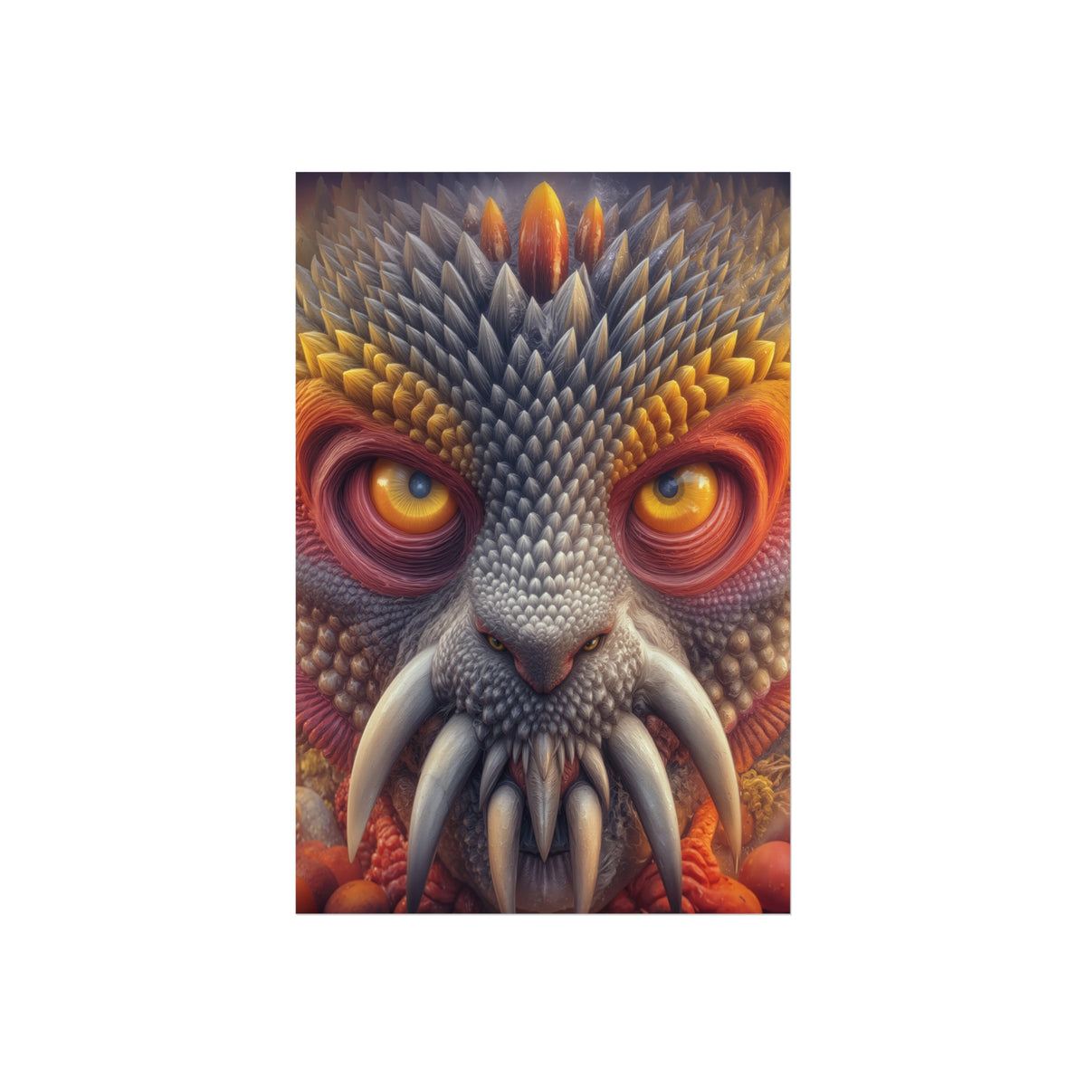 The Wisdom Beneath the Armor — Large Matte Poster, 32 × 48 in — golden-eyed creature with layered gray spines and ivory tusks