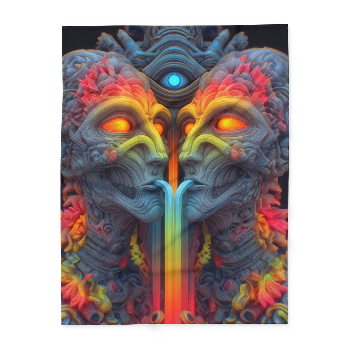 Where the Mirror Becomes a River — Arctic Fleece Blanket, 60 × 80 in — mirrored faces with glowing eyes and a shared stream of color