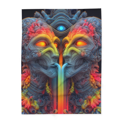 Where the Mirror Becomes a River — Arctic Fleece Blanket, 60 × 80 in — mirrored faces with glowing eyes and a shared stream of color