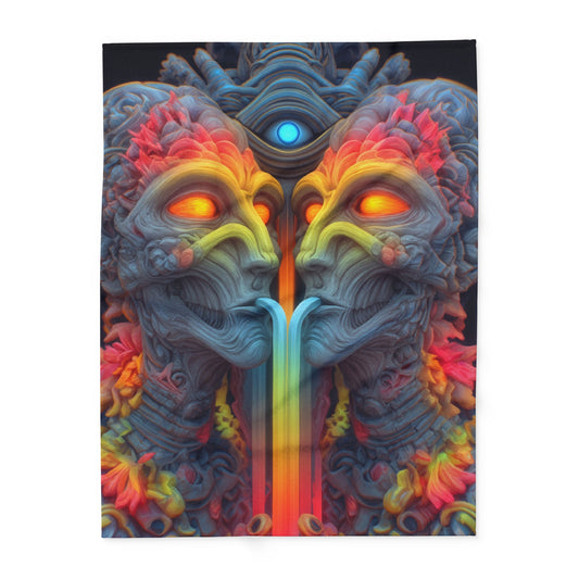 Where the Mirror Becomes a River — Arctic Fleece Blanket, 60 × 80 in — mirrored faces with glowing eyes and a shared stream of color