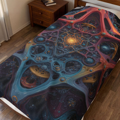 The Geometry of Surrender — Velveteen Plush Blanket, 60 × 80 in — interlocking coral and blue forms around a golden center