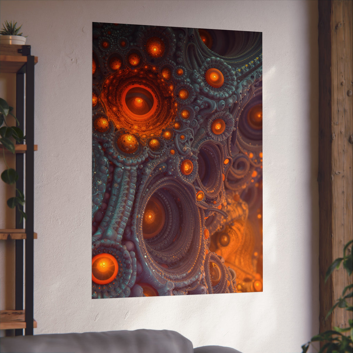 The Architecture of Inner Light — Large Matte Poster, 32 × 48 in — glowing amber chambers in intricate blue-gray and violet structures