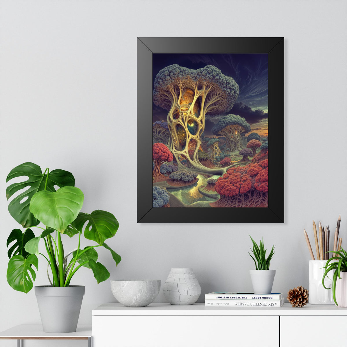 The Quiet Architecture of Becoming — Black Framed Print, 12 × 16 in — luminous lattice trees and a winding river