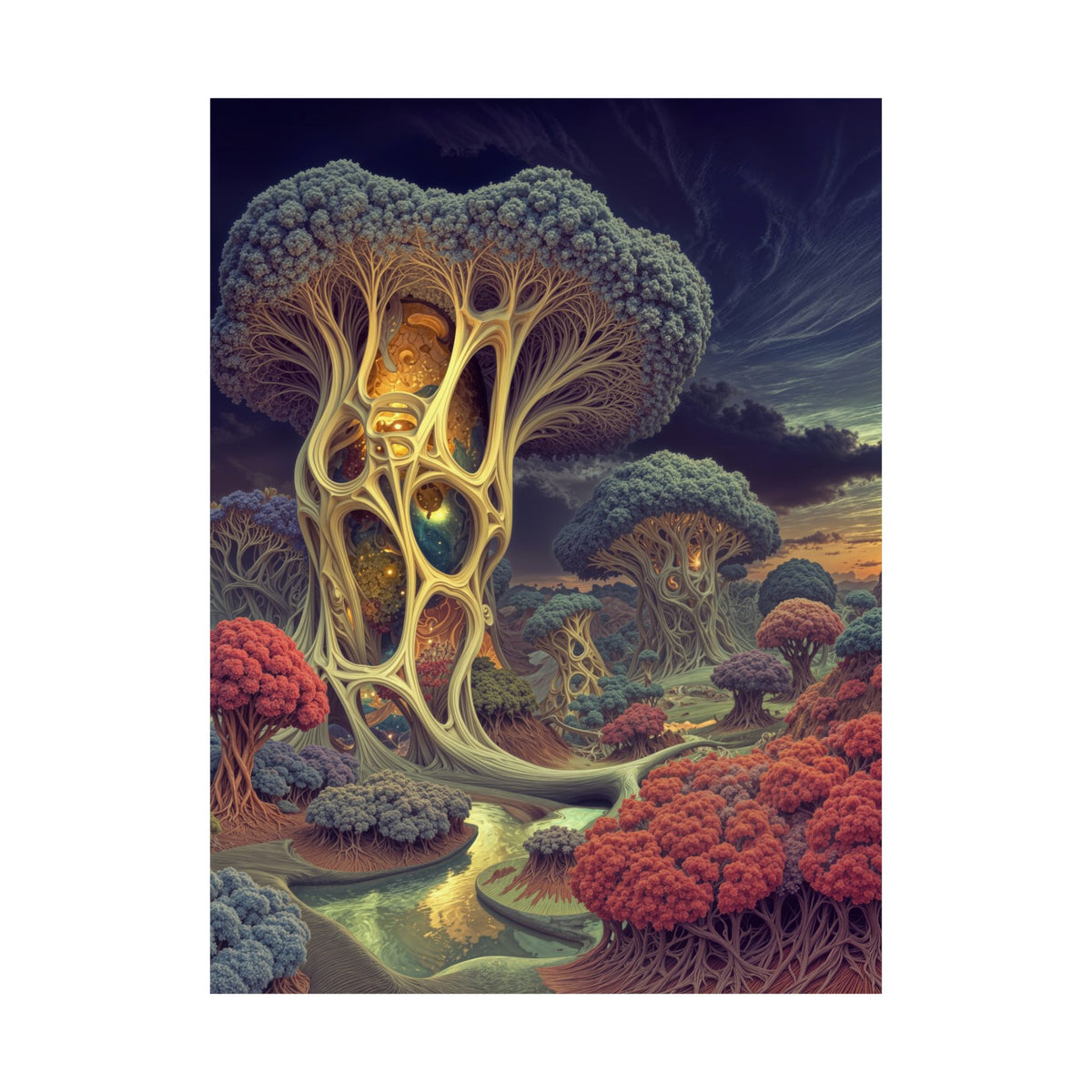 The Quiet Architecture of Becoming — Matte Art Poster, 18 × 24 in — luminous lattice trees beside a winding river