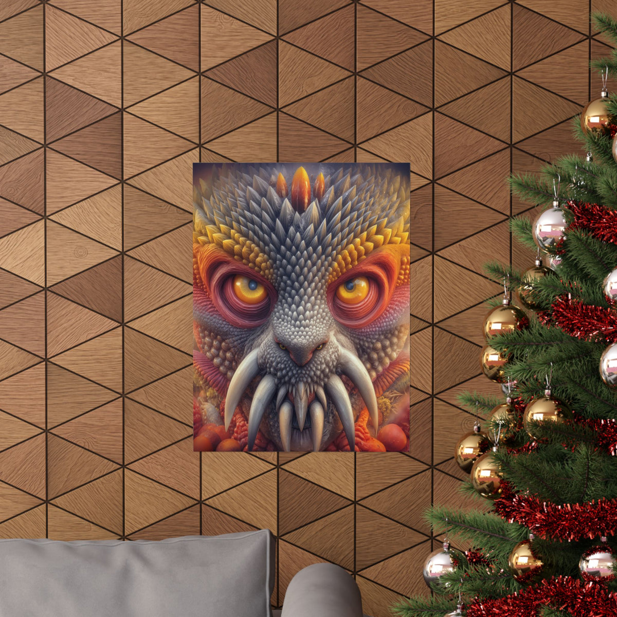 The Wisdom Beneath the Armor — Matte Art Poster, 18 × 24 in — golden-eyed creature with layered gray spines and ivory tusks