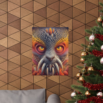 The Wisdom Beneath the Armor — Matte Art Poster, 18 × 24 in — golden-eyed creature with layered gray spines and ivory tusks