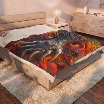 The Wisdom Beneath the Armor — Velveteen Plush Blanket, 60 × 80 in — golden-eyed creature with layered gray spines and ivory tusks