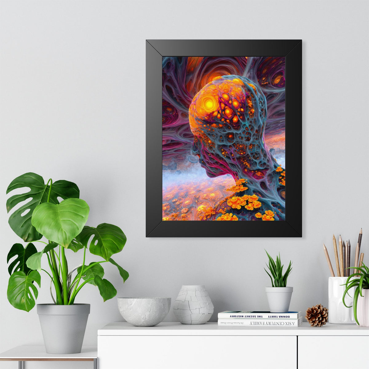 The Mind Becomes a Sun black framed print, 12 × 16 in with a glowing golden head amid flowing blue and violet forms