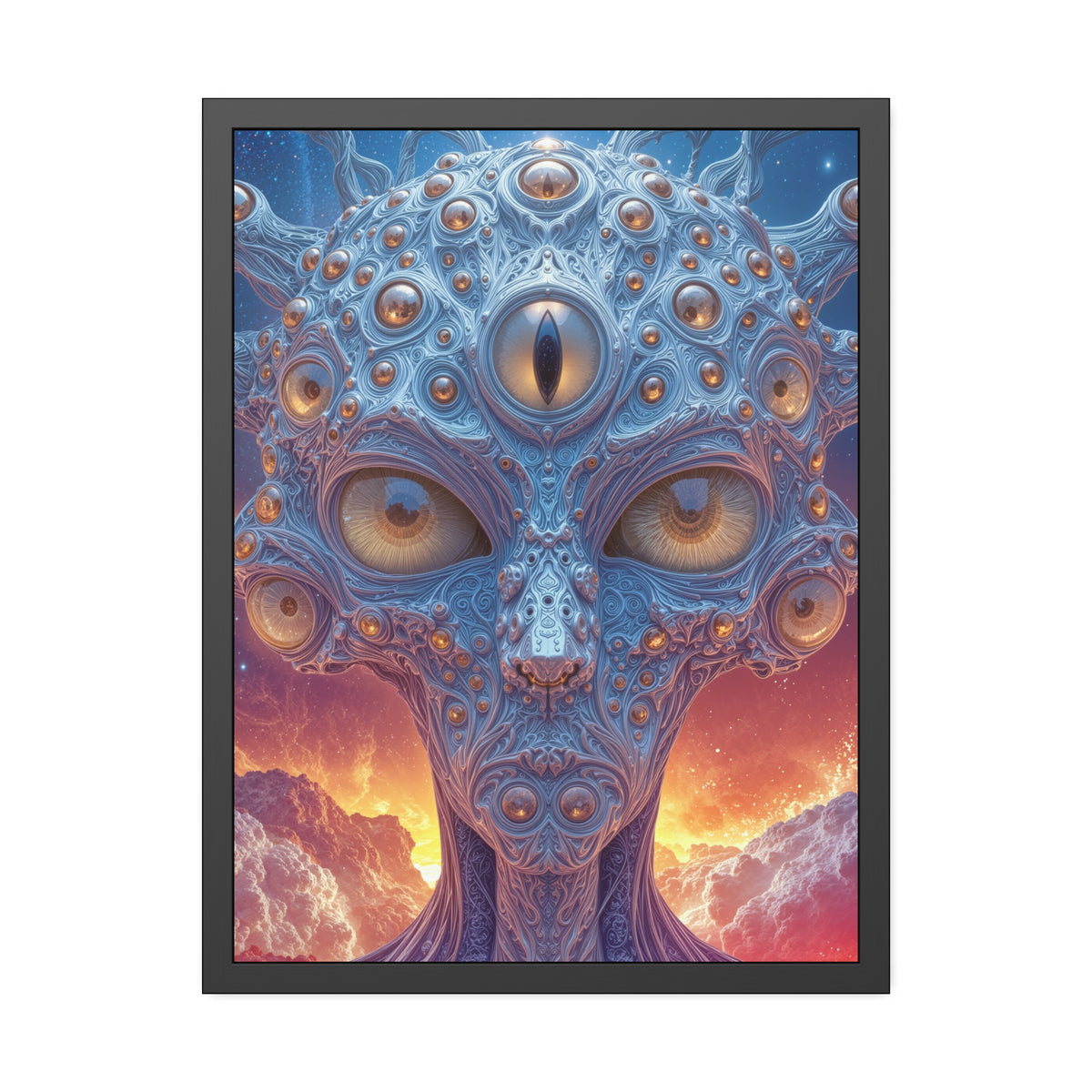 The Horizon Within the Gaze — Framed Fine Art Print, 24 × 32 in — intricate blue figure with amber eyes above luminous clouds