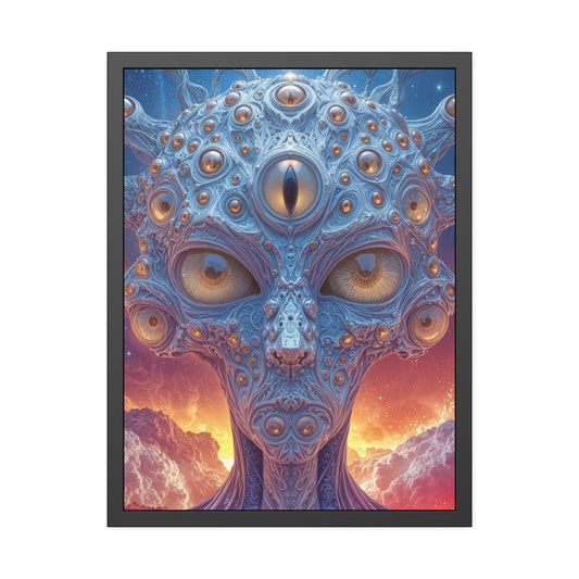 The Horizon Within the Gaze — Framed Fine Art Print, 24 × 32 in — intricate blue figure with amber eyes above luminous clouds