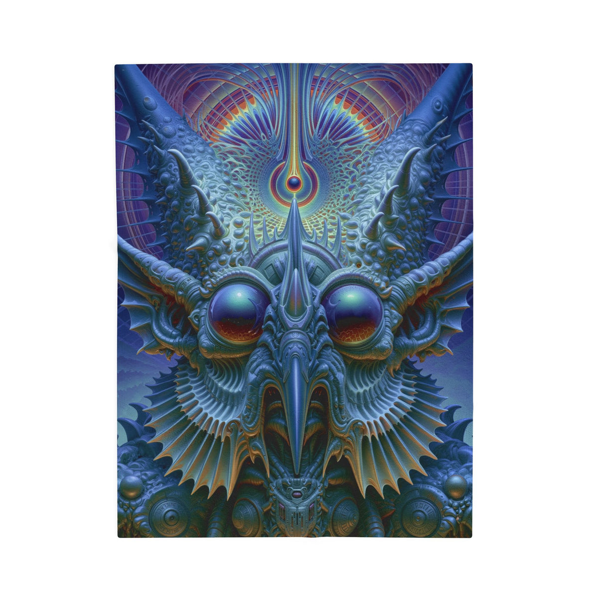 The Threshold That Refines — Velveteen Plush Blanket, 30 × 40 in — a symmetrical blue guardian with reflective eyes, pointed horns and intricate geometry