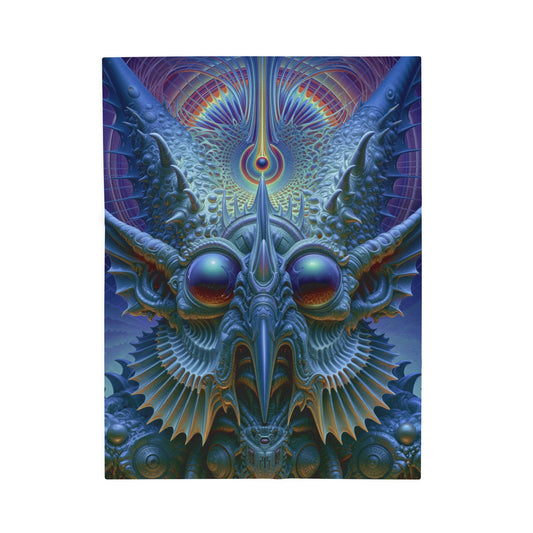 The Threshold That Refines — Velveteen Plush Blanket, 30 × 40 in — a symmetrical blue guardian with reflective eyes, pointed horns and intricate geometry