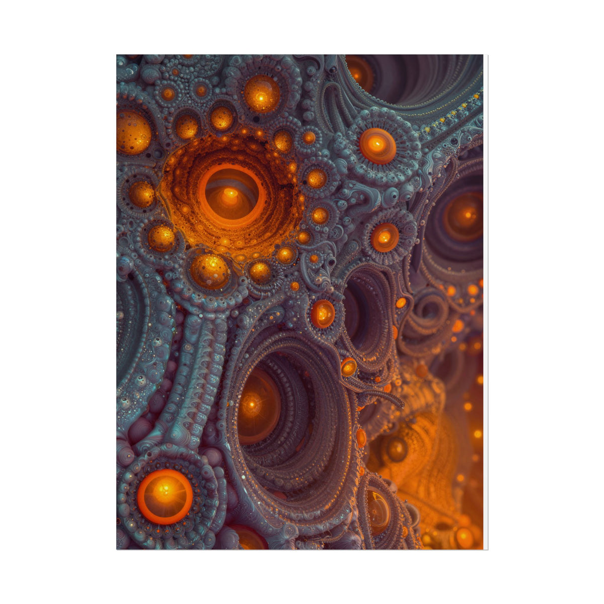The Architecture of Inner Light — Rolled Art Print, 18 × 24 in — glowing amber chambers in intricate blue-gray and violet structures