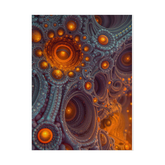 The Architecture of Inner Light — Rolled Art Print, 18 × 24 in — glowing amber chambers in intricate blue-gray and violet structures