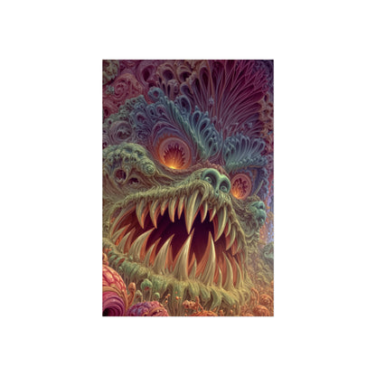 Where Fear Becomes a Passage — Large Matte Poster, 32 × 48 in — fanged creature with glowing eyes amid sage and mauve organic forms