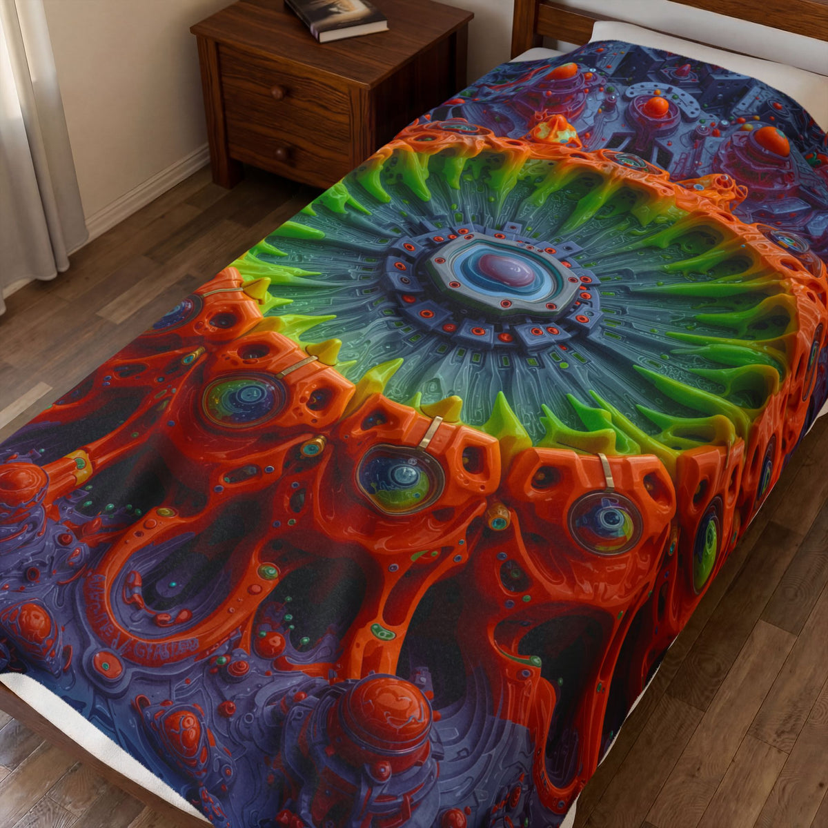 The Center Is a Choreography — Velveteen Plush Blanket, 60 × 80 in — orange and lime radial machinery with a violet core