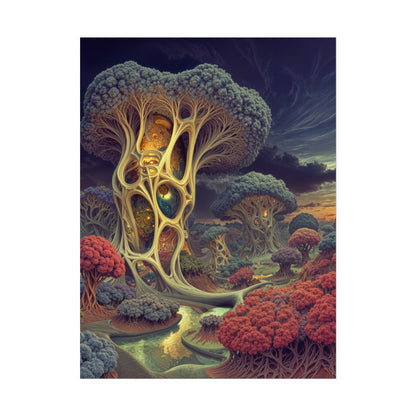 The Quiet Architecture of Becoming — Rolled Art Print, 18 × 24 in — luminous lattice trees and coral groves beside a winding river