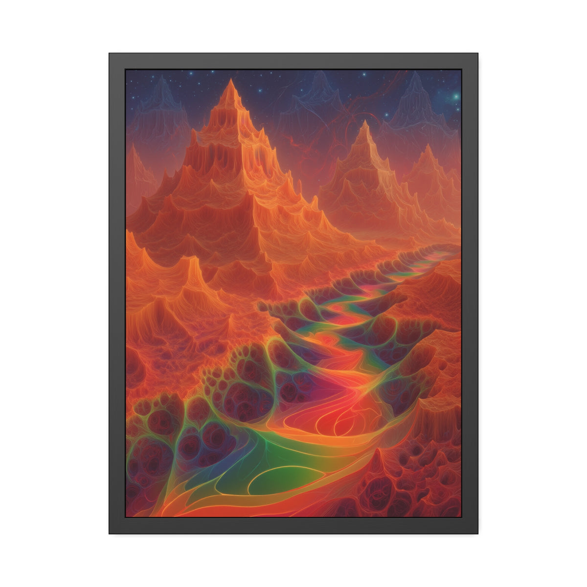 The Current Remembers framed fine art print, 24 × 32 in with a luminous winding current and orange mountains beneath a starry sky