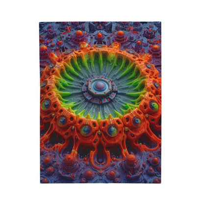 The Center Is a Choreography — Velveteen Plush Blanket, 30 × 40 in — orange and lime radial machinery with a violet core