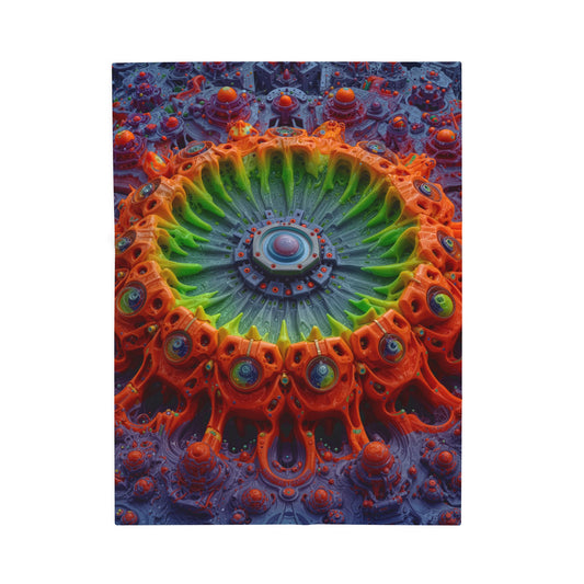 The Center Is a Choreography — Velveteen Plush Blanket, 30 × 40 in — orange and lime radial machinery with a violet core