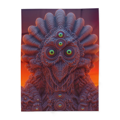 Where Every Gaze Becomes a Center — Arctic Fleece Blanket, 60 × 80 in — many-eyed figure with a rippling crown against an orange sky