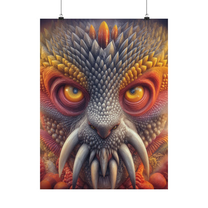 The Wisdom Beneath the Armor — Matte Art Poster, 18 × 24 in — golden-eyed creature with layered gray spines and ivory tusks