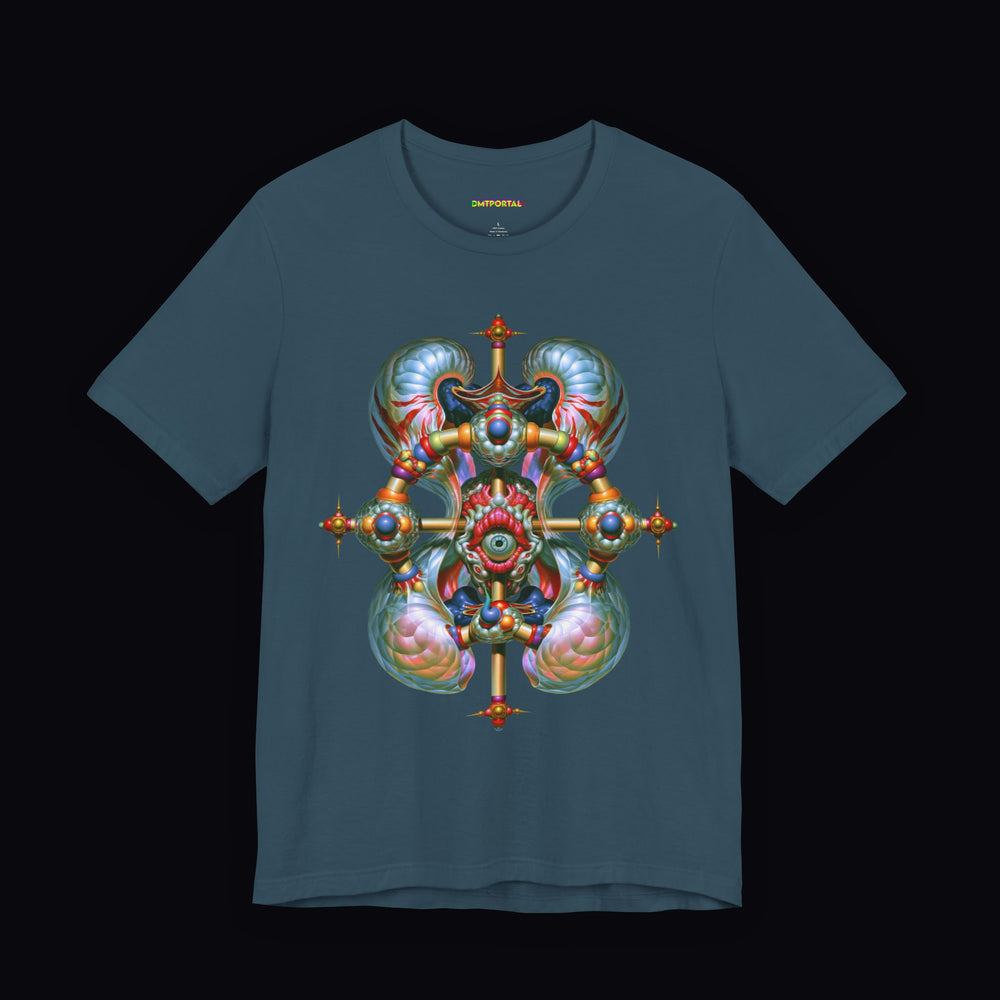Pearlescent chambers and gold framework surrounding a central eye on a Deep Teal DMTPORTAL T-shirt