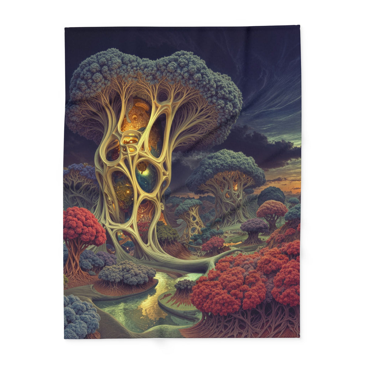 The Quiet Architecture of Becoming — Arctic Fleece Blanket, 60 × 80 in — luminous lattice trees and a winding river