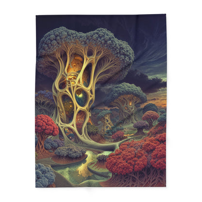 The Quiet Architecture of Becoming — Arctic Fleece Blanket, 60 × 80 in — luminous lattice trees and a winding river