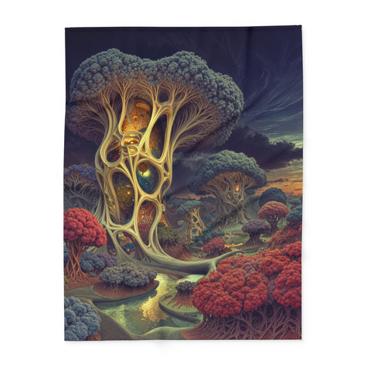 The Quiet Architecture of Becoming — Arctic Fleece Blanket, 60 × 80 in — luminous lattice trees and a winding river