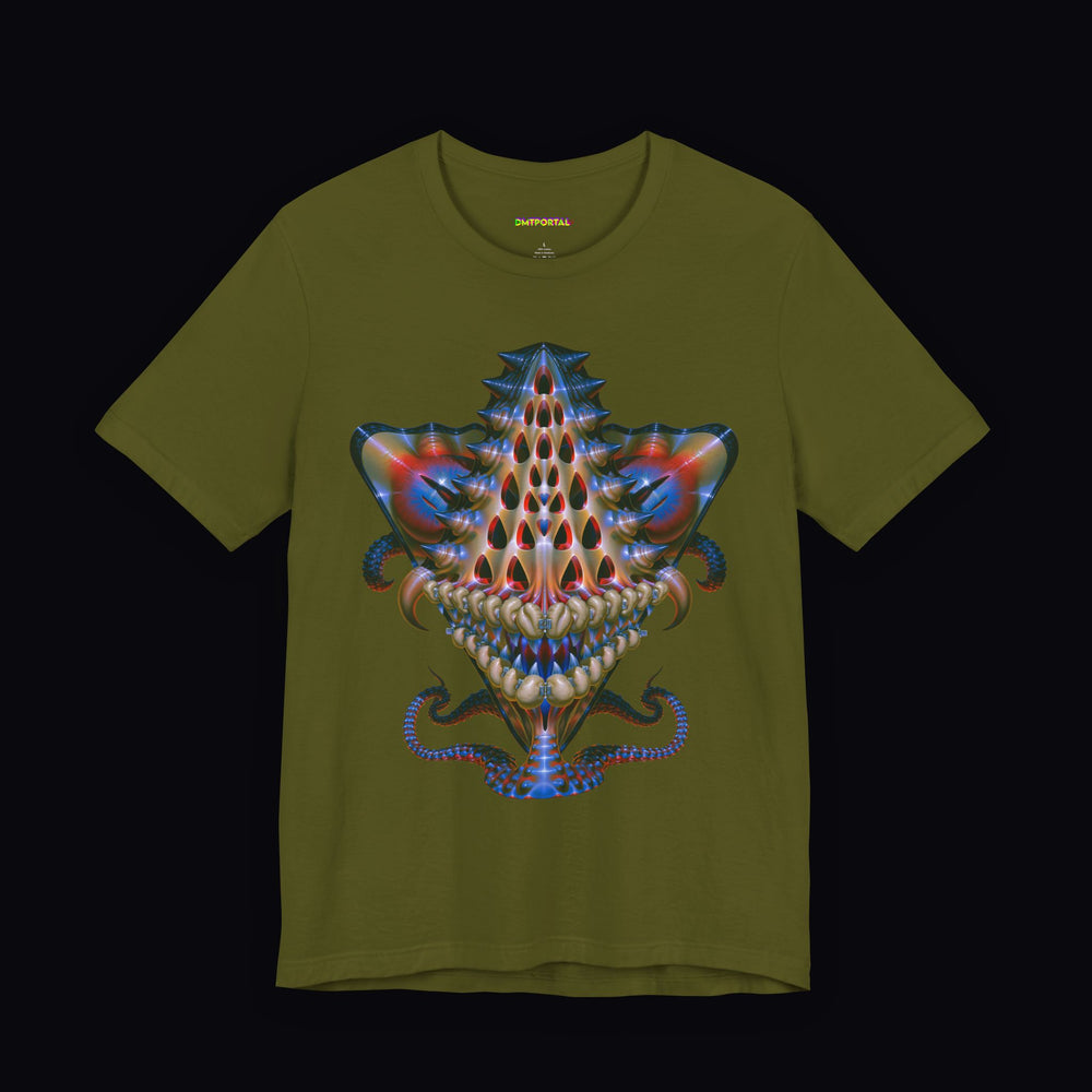 Open alien crown with blue and rose highlights on an Olive DMTPORTAL T-shirt